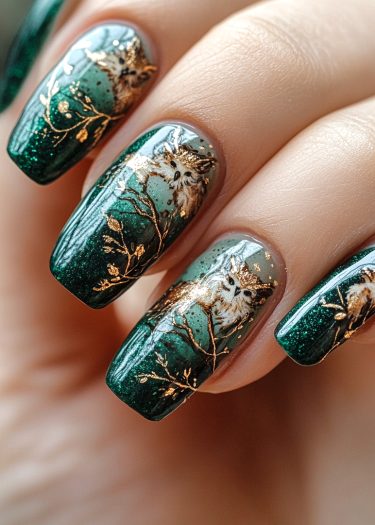 Elegant dark green owl nail art featuring intricate designs and shimmering accents.