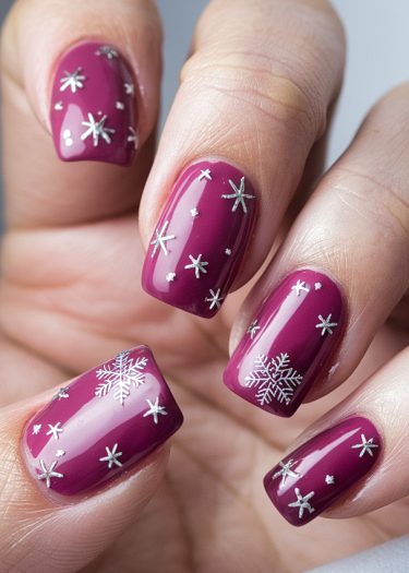 Manicured nails in deep plum with silver snowflakes for a festive, elegant look.