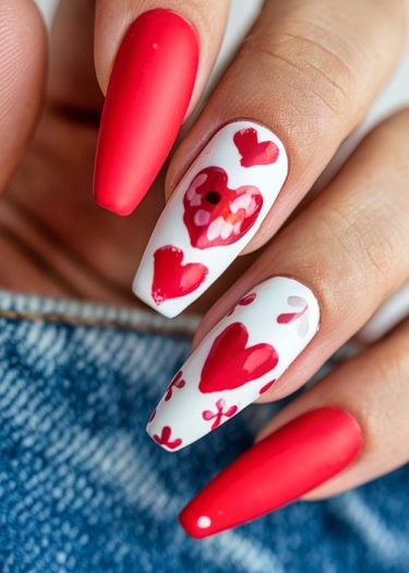 Fashionable red and white romantic heart nail art with elegant almond-shaped design.