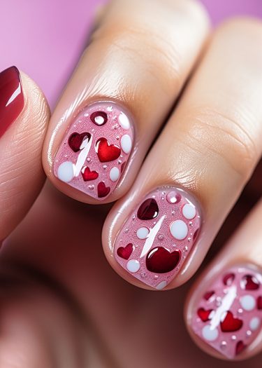 Charming pink and red heart nail art with polka dots, perfect for Valentines Day.