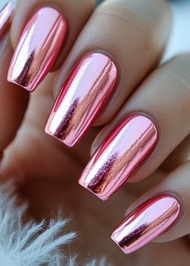 Impeccably manicured rose gold chrome nails with a glossy metallic finish shine elegantly.