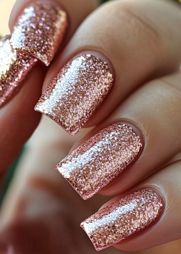 Stunning rose gold glitter nails showcasing elegant manicure and modern nail art trends.