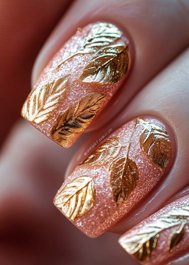 Elegant rose gold nail design with intricate golden leaf motifs for a glamorous look.