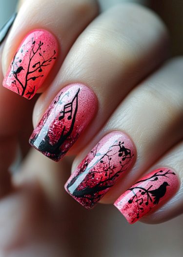 Stunning rosy pink nail art with intricate black silhouettes of branches and birds.