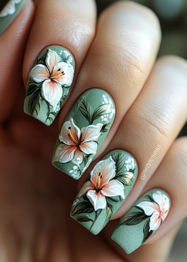 Elegant sage green floral nail art featuring hand-painted white lilies and delicate leaves.