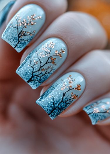 Elegant pale blue nail art featuring intricate cherry blossom designs and rose gold accents.