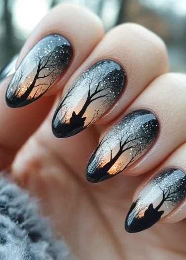 Tranquil twilight nail art featuring silhouettes of trees and a fox in a serene landscape.