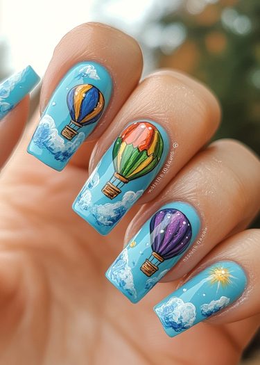 Vibrant hot air balloon nail art against a whimsical blue sky with fluffy clouds.