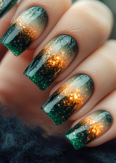 Elegant green ombre nails with gold glitter for a glamorous, sophisticated look.