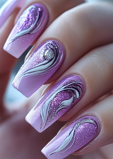 Elegant lavender manicure featuring intricate nail art with silver and white designs.