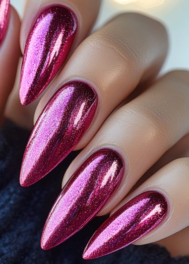 Elegant stiletto nails in shimmering magenta, showcasing a glossy, metallic finish.