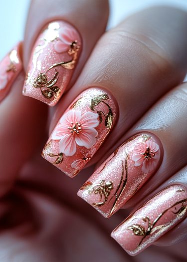 Elegant peach floral nails with gold accents for a sophisticated manicure look.