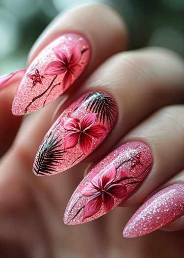 Exquisite pink floral nail art with glittery finish and intricate designs on long almond-shaped nails.