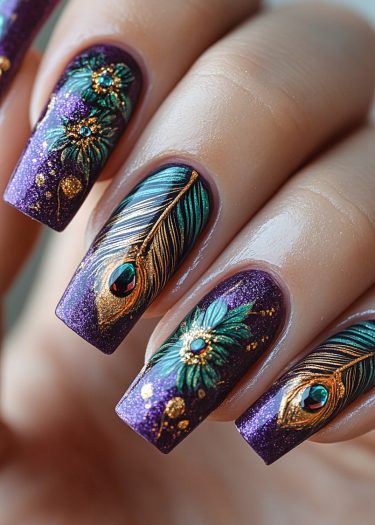 Elegant long purple nails with peacock feather and floral nail art designs.