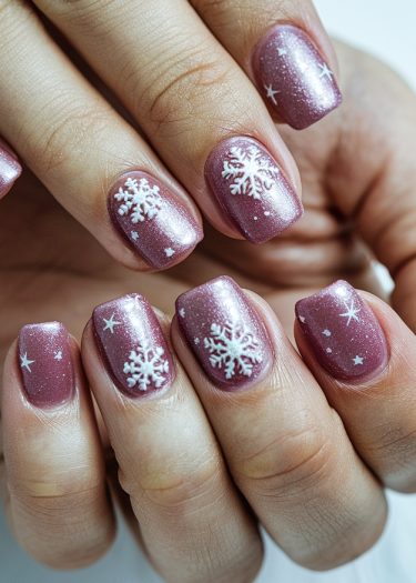 Elegant shimmery mauve snowflake nails perfect for festive winter celebrations and seasonal beauty.