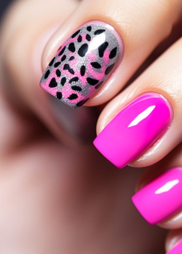 Vibrant pink and silver leopard nail art design on manicured nails showcases bold creativity.