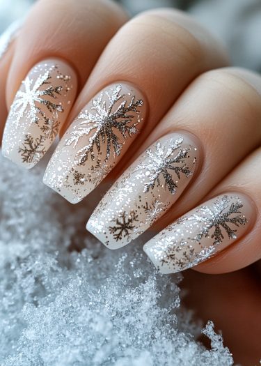 Elegant silver snowflake nail art with glitter on long, manicured nails for winter glam.