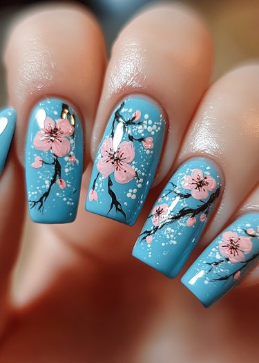 Elegant sky blue cherry blossom nail art featuring intricate floral designs and glossy finishes.