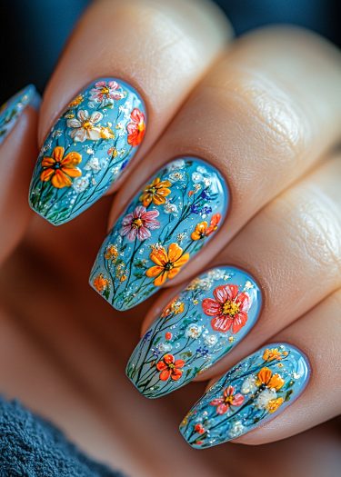 Sky-blue manicure featuring vibrant floral designs and elegant gold accents.