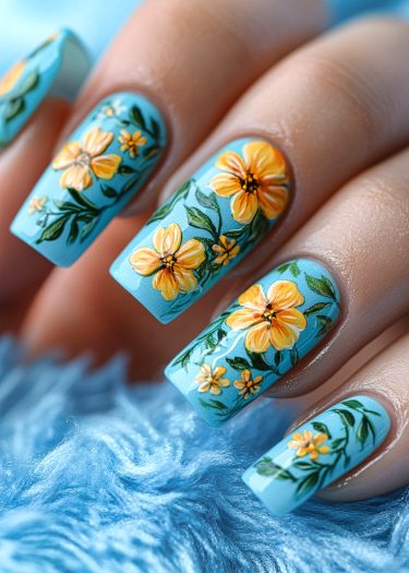 Elegant sky blue floral nail art with vibrant yellow flowers on beautifully manicured hands.