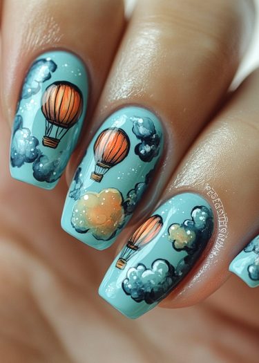 Whimsical sky-blue nail art featuring vibrant hot air balloons and fluffy clouds.