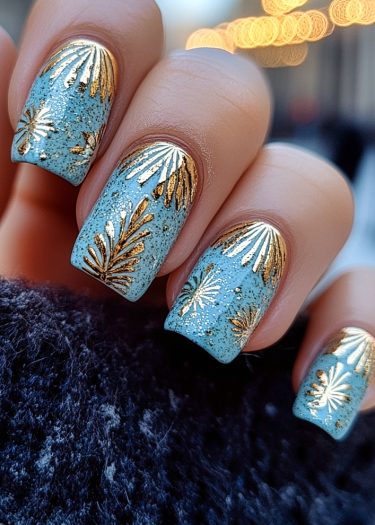 Intricate sky-blue nail art with golden patterns and cozy fabric background for a luxurious look.