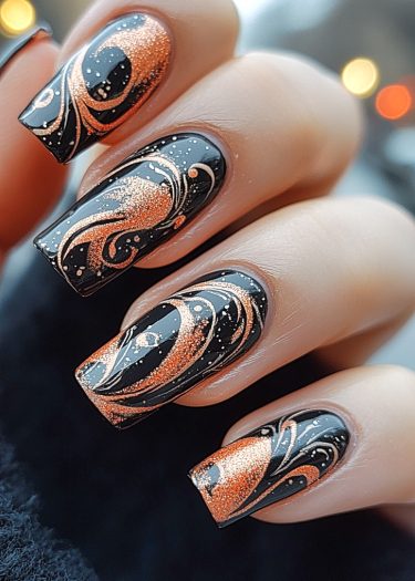 Elegant black and copper nail art featuring intricate swirling designs and glossy finishes.