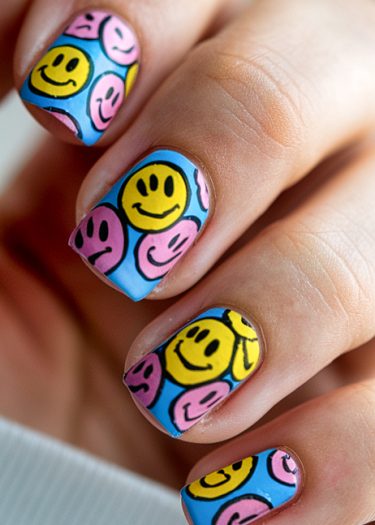 Vibrant smiley face nail art design on colorful nails for a playful and trendy look.