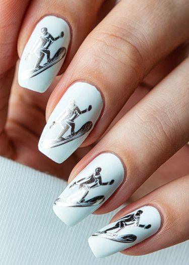 Artistic nail design featuring snowboarder motifs in metallic silver on matte white background.