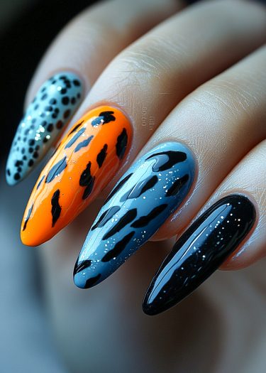 Intricate stiletto nail art featuring vibrant patterns and colors, perfect for fashion-forward designs.