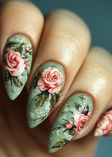 Elegant sage green stiletto nails featuring intricate hand-painted pink rose floral designs and gold accents.