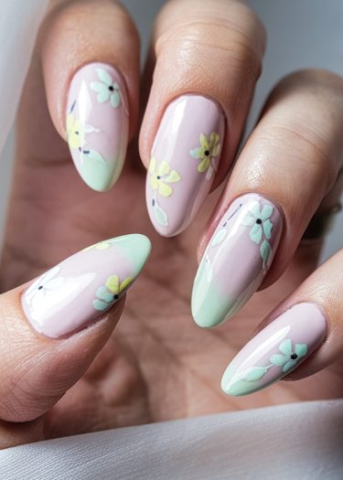 Elegant floral nail art in soft pastel colors on almond-shaped nails for stylish looks.