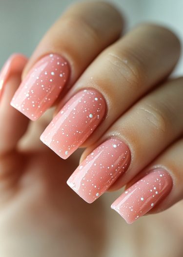 Elegant peachy-pink manicure with white speckles showcasing beautifully shaped nails.