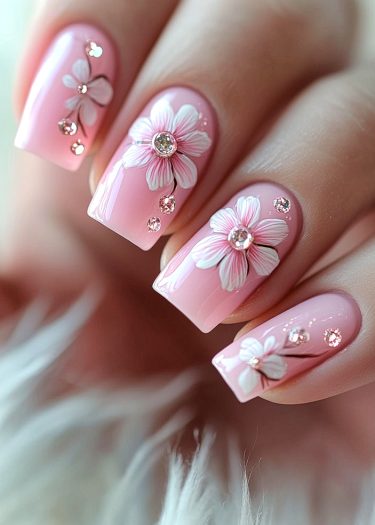 Exquisite soft pink floral nail art design with rhinestones for elegant, sophisticated manicures.