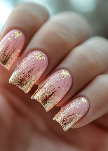 Elegant soft pink nails with gold glitter gradient for a glamorous look.