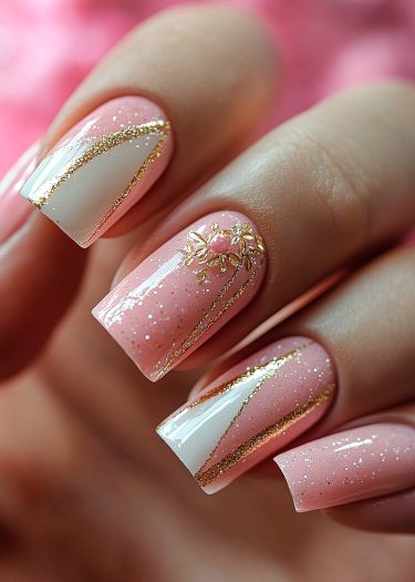 Elegant soft pink glitter nails with gold accents and floral design for a sophisticated look.