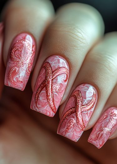 Elegant soft pink marble nail art with glittering rose-gold designs for a luxurious manicure.