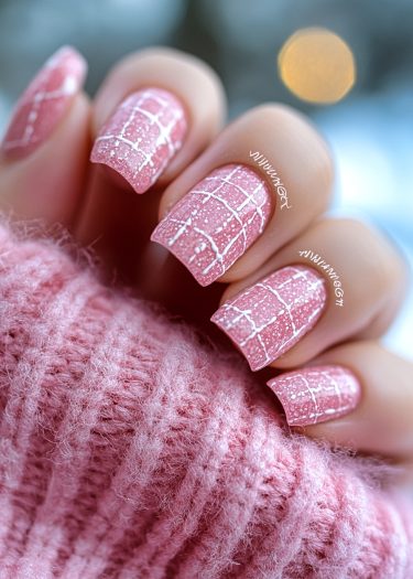 Elegant soft pink matte nails with white grid patterns and cozy pink knitted sweater.