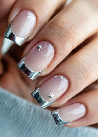 Elegant pink and metallic silver nail art with stars and rhinestones for a chic look.