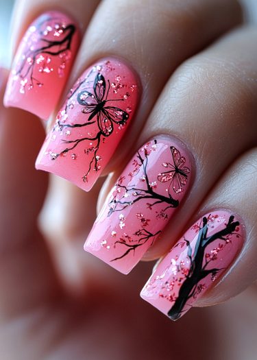 Elegant soft pink nail art with black branches, butterflies, and sparkling glitter accents.