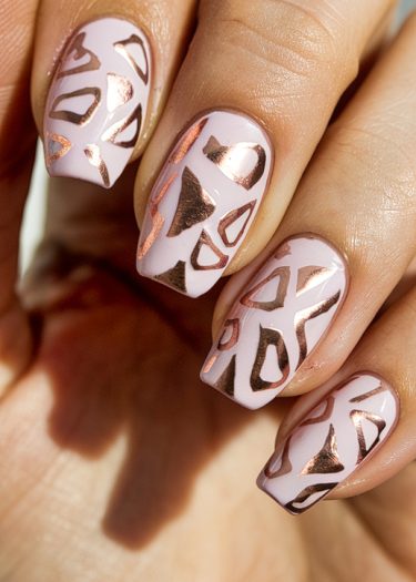 Beautiful pastel pink nails with rose gold metallic art for a stylish manicure.