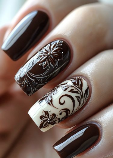 Elegant brown and cream floral nail art with rhinestones for a sophisticated look.