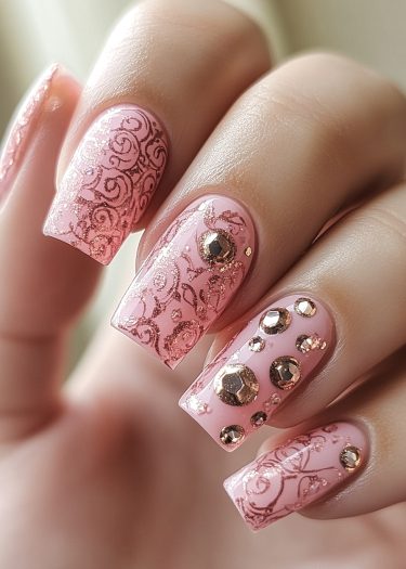 Elegant pink nail art with rose gold swirls and sparkling gemstones for a sophisticated look.