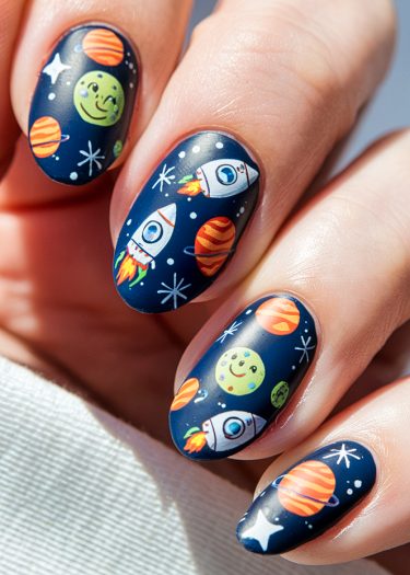 Celestial nail art featuring rockets, planets, and a smiling moon on navy blue nails.