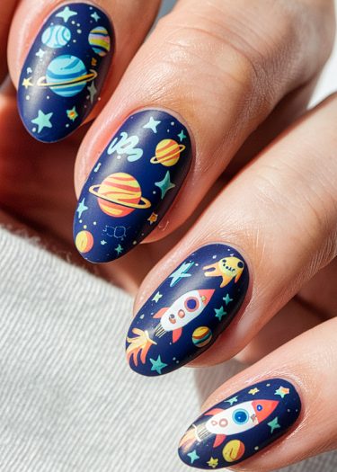 Vibrant space-themed nail art featuring planets, rockets, and stars on sleek almond-shaped nails.