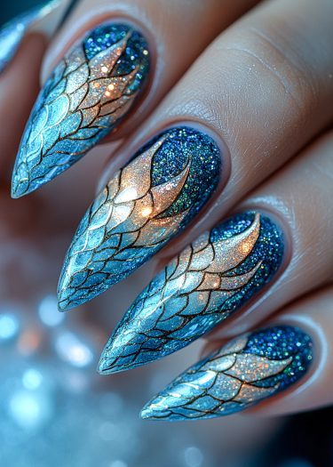 Stunning blue stiletto nail art with glitter and metallic rose gold scales design.