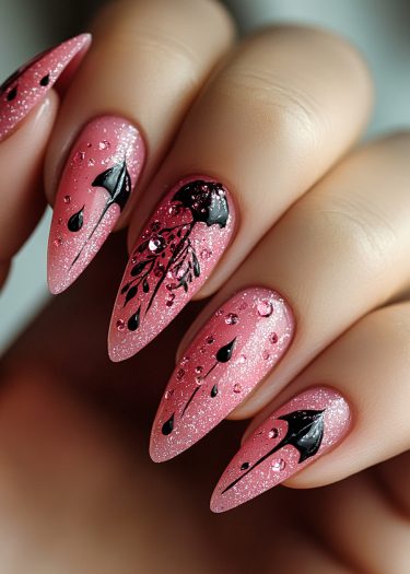 Intricate pink nail art with black designs and rhinestones for a glamorous, stylish look.