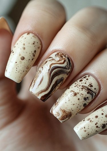 Elegant speckled and marbled manicure showcasing intricate nail art designs in earthy tones.