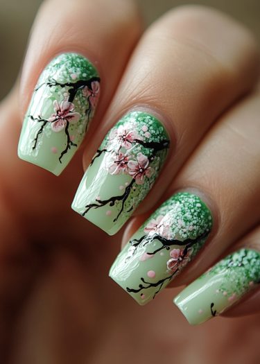 Pastel green nail art featuring intricate cherry blossoms for a stylish spring manicure.