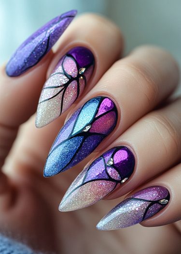 Stunning stained-glass nail art with vibrant colors and intricate designs for elegant, artistic nails.